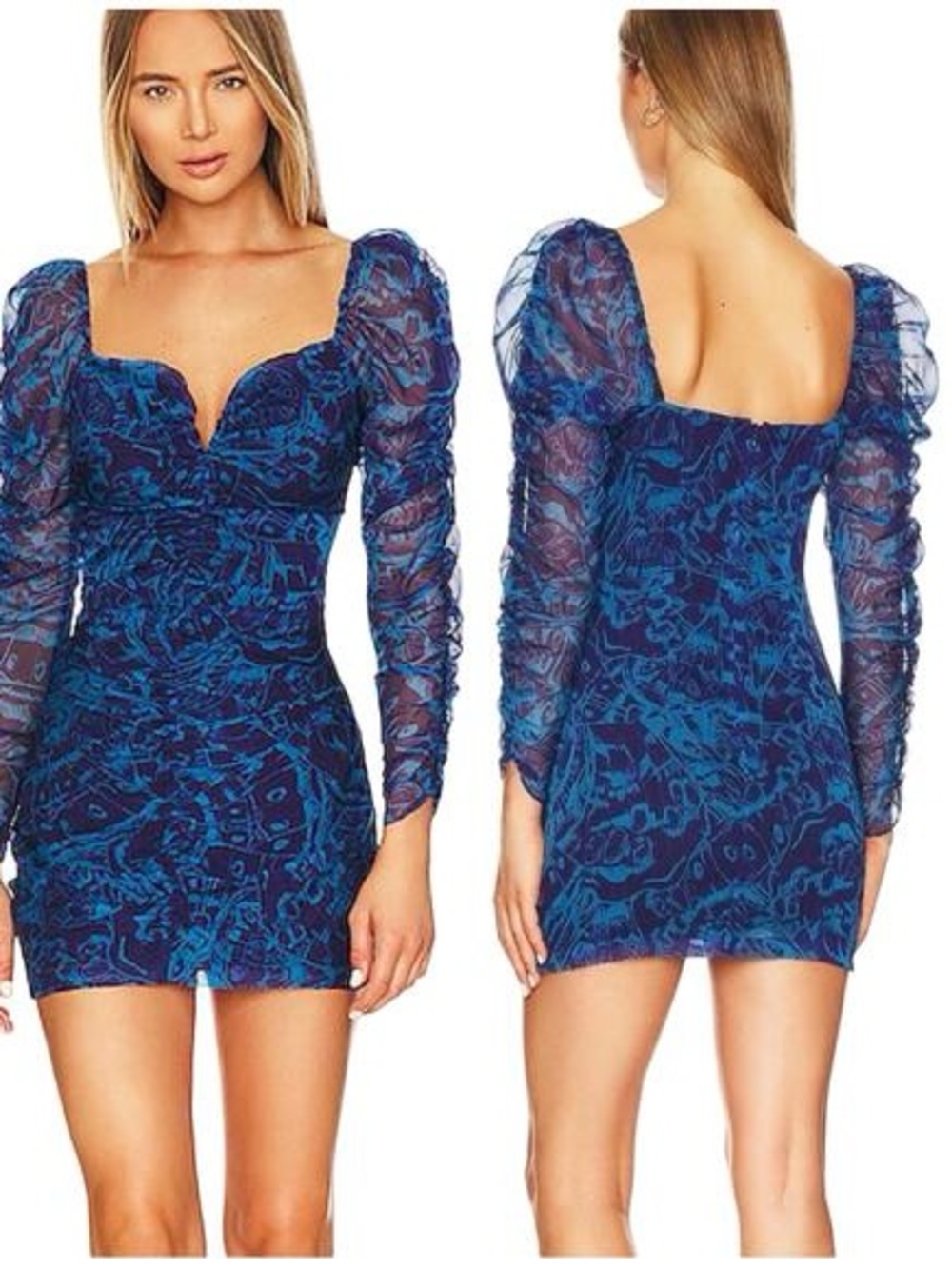 Amanda Uprichard Blue Patterned Puff-Sleeve Mini Dress